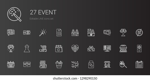 Event Icons Set. Collection Of Event With Food Stand, Wedding Gift, Garlands, Gifts, News, Stadium, Gift, Calendar, Wedding Dress, Trophy, Ticket. Editable And Scalable Event Icons.