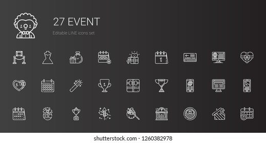 event icons set. Collection of event with gift, night club, fireworks, trophy, calendar, news, magic wand, pass, gifts, wedding dress, exhibition. Editable and scalable event icons.