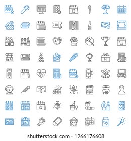 event icons set. Collection of event with magic wand, wedding gift, calendar, wizard, ticket, gift, night club, news, champagne, mirror ball. Editable and scalable event icons.