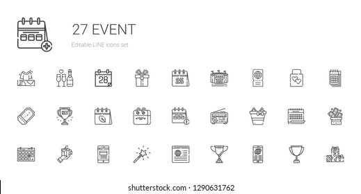 event icons set. Collection of event with news, trophy, magic wand, gift, calendar, gifts, ticket, stadium, trick, wedding gift, champagne. Editable and scalable event icons.
