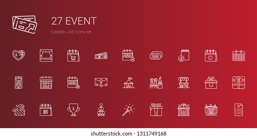 event icons set. Collection of event with night club, gift, magic wand, champagne, trophy, calendar, gifts, food stand, women only, circus. Editable and scalable event icons.