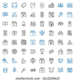 event icons set. Collection of event with stadium, garland, clown, present, ticket, magic wand, mirror ball, wizard, calendar, gift, trophy. Editable and scalable event icons.