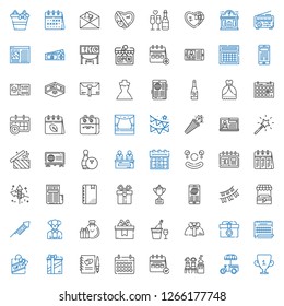 event icons set. Collection of event with trophy, stand, women only, calendar, guests book, gifts, gift, champagne, clown, fireworks, garlands. Editable and scalable event icons.