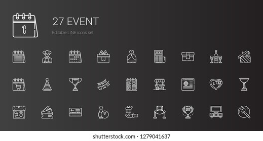 event icons set. Collection of event with trophy, exhibition, gift, bowling, pass, tickets, calendar, news, food stand, garlands, party hat. Editable and scalable event icons.