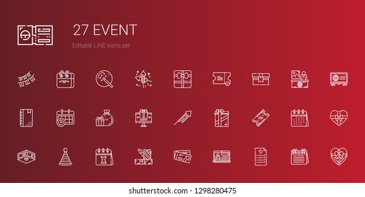event icons set. Collection of event with wedding planning, news, ticket, gifts, calendar, party hat, exhibition, fireworks, gift, agenda, magic wand. Editable and scalable event icons.