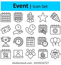 Event icons set. Editable stroke for mobile and web. Isolated on white background. Vector illustration.