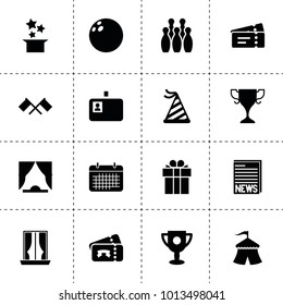 Event icons. vector collection filled event icons. includes symbols such as flags, curtain, circus, ticket, magic hat, bowling, trophy. use for web, mobile and ui design.