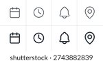 Event Information Line Icon Set. Linear Schedule Symbols for Time, Date, Notice, and Address.