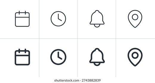 Event Information Line Icon Set. Linear Schedule Symbols for Time, Date, Notice, and Address.