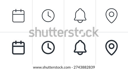 Event Information Line Icon Set. Linear Schedule Symbols for Time, Date, Notice, and Address.