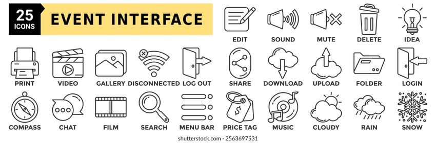 Event interface icon set. Containing edit, sound, mute, delete, idea, print, video and more. Outline vector icons collection