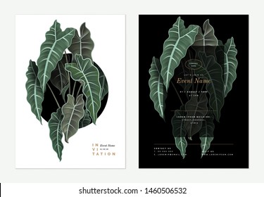 Event invitation card template design, Alocasia Polly plant decorated on black