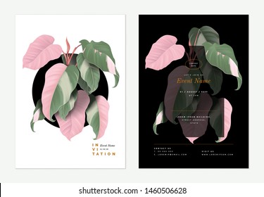 Event invitation card template design, Philodendron pink princess plant decorated on black