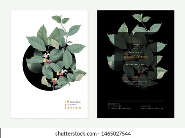 Event invitation card template design, coffee tree decorated on black