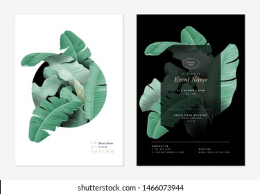 Event invitation card template design, banana leaves decorated on black