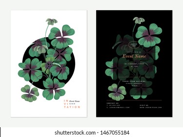 Event invitation card template design, Lucky clover plant decorated on black