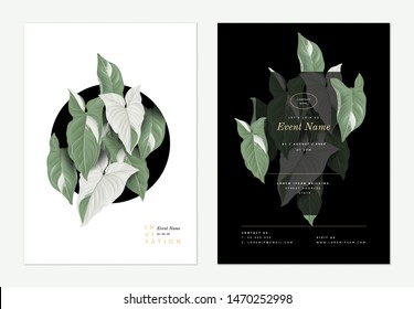 Event invitation card template design, Arrowhead philodendron plant decorated on black