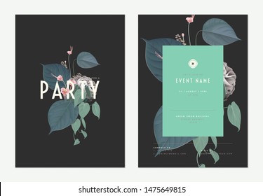 Diseño de plantillas de tarjetas de invitación para eventos, collage de flores y hojas, tonos verdes