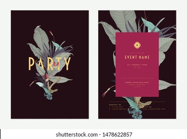 Event invitation card template design, various flowers and leaves art collage, red tones