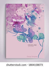 Event invitation card template design, various flowers and leaves art collage, purple, blue ,dark tone tones