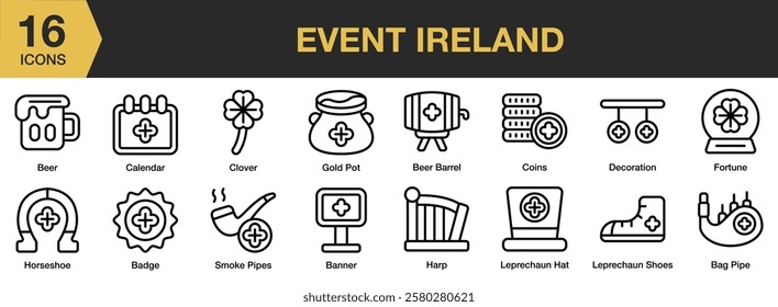 Event Ireland icon set. Includes ireland, event, irish, national, holiday, and More. Outline icons vector collection.