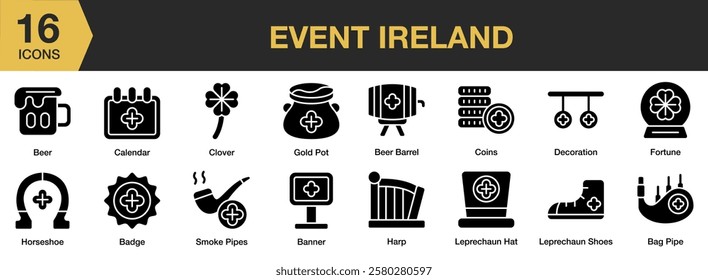 Event Ireland solid icon set. Includes ireland, event, irish, national, holiday, and More. Solid icons vector collection.