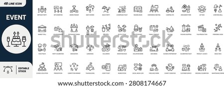 Event line art icons set birthday party, award podium, baby shower, beach party, champagne toast, conference meeting, camping site, amusement park Web icon App icon Outline icon Editable stroke, line art, Vector EPS