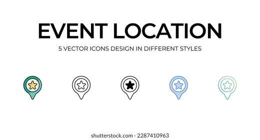 Event Location Icon Design in Five style with Editable Stroke. Line, Solid, Flat Line, Duo Tone Color, and Color Gradient Line. Suitable for Web Page, Mobile App, UI, UX and GUI design.