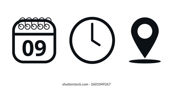 Event location icons, date time and place, day 09.