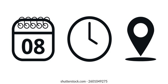 Event location icons, date time and place, day 08.