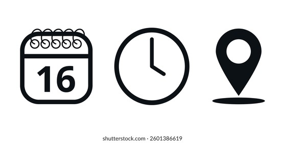 Event location icons, date time and place, day 16.