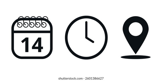 Event location icons, date time and place, day 14.
