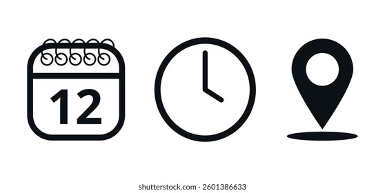 Event location icons, date time and place, day 12.