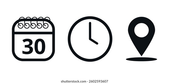 Event location icons, date time and place, day 30.