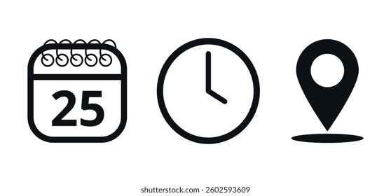 Event location icons, date time and place, day 25.
