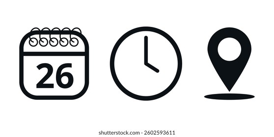 Event location icons, date time and place, day 26.