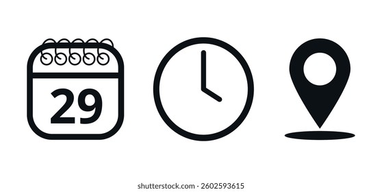Event location icons, date time and place, day 29.