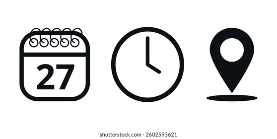 Event location icons, date time and place, day 27.