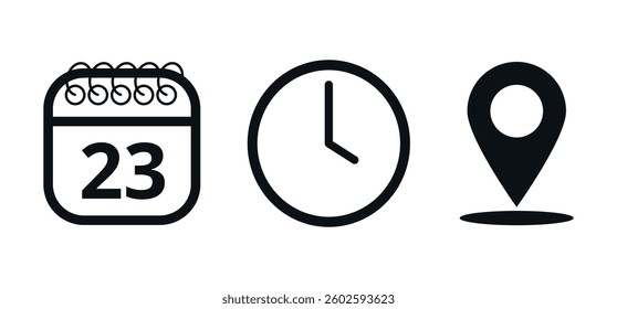 Event location icons, date time and place, day 23.
