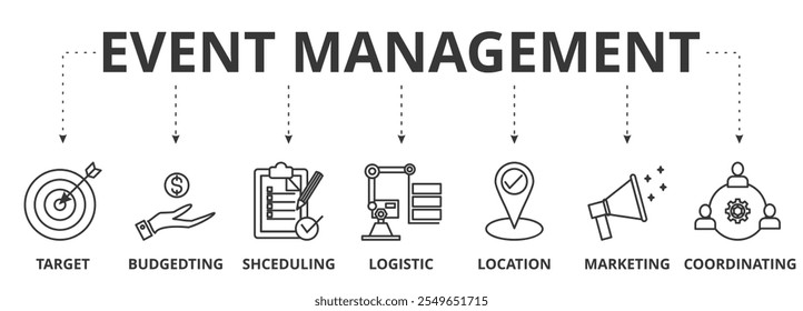 Event management banner icon vector illustration concept of target, budgeting, scheduling, logistics, location, marketing, and coordination