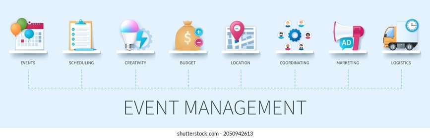 Event management banner with icons. Events, scheduling, creativity, budget, location, coordinating, marketing, logistics icons. Business concept. Web vector infographic in 3D style