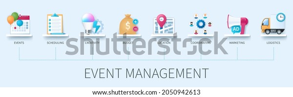 Event management banner with icons. Events,\
scheduling, creativity, budget, location, coordinating, marketing,\
logistics icons. Business concept. Web vector infographic in 3D\
style