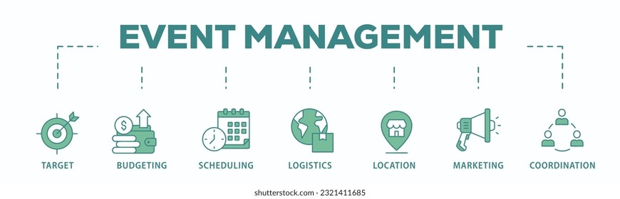 Event management banner web icon vector illustration concept with icon of target, budgeting, scheduling, logistics, location, marketing, and coordination