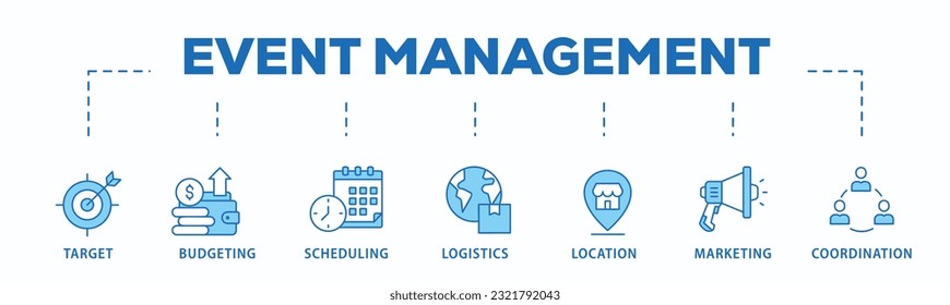 Event management banner web icon vector illustration concept with icon of target, budgeting, scheduling, logistics, location, marketing, and coordination