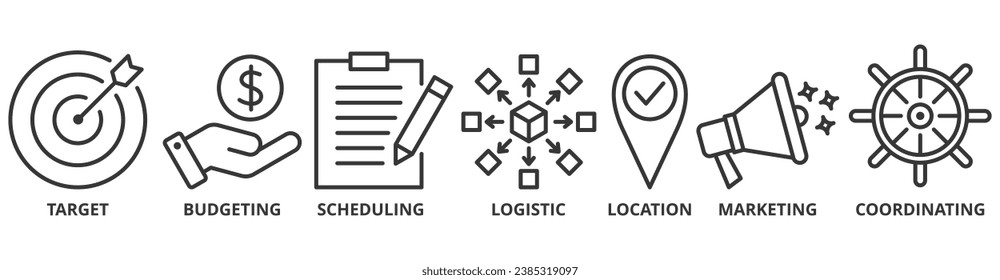 Banner de gestión de eventos icono web concepto de ilustración vectorial con icono de destino, presupuestación, programación, logística, ubicación, marketing y coordinación