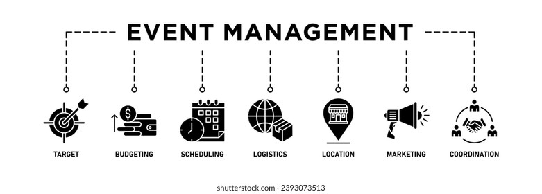 Event management banner web icon vector illustration concept with icon of target, budgeting, scheduling, logistics, location, marketing, and coordination