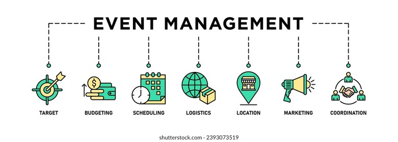 Event management banner web icon vector illustration concept with icon of target, budgeting, scheduling, logistics, location, marketing, and coordination