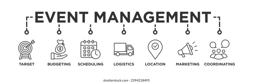 Event management banner web icon vector illustration concept with icon of target, budgeting, scheduling, logistics, location, marketing, and coordination