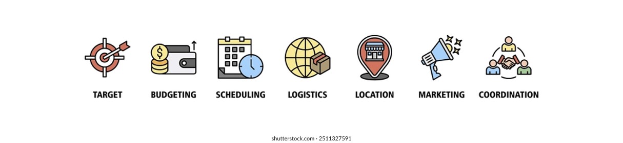 Event management banner web icon set vector illustration concept with icon of target, budgeting, scheduling, logistics, location, marketing, and coordination icons perfect symbol background editable