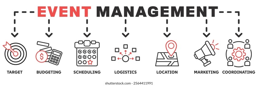 Event management banner web icon concept illustration with target, budgeting, scheduling, logistics, location, marketing, and coordination